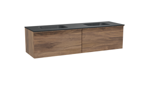 Balmani Forma hängendes Möbelstück Set: 180 x 55 cm, Amerikanischer Nussbaum, mit Tablo Arcato Doppelwaschtisch, Granit, Schwarzes Granit, Horizontale symmetrische gerade Rippe