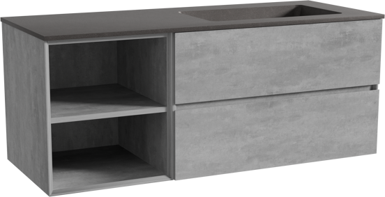 Storke Edge zwevend badmeubel 130 x 52 cm beton donkergrijs met Scuro asymmetrisch rechtse wastafel in kwarts mat zwart