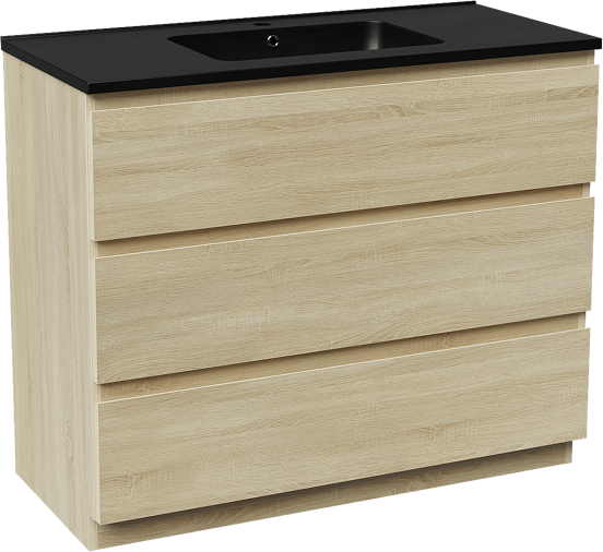 Linie Lado staand badmeubel 100 x 46 cm wit eiken met Vano enkele wastafel in composietmarmer mat zwart