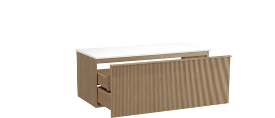 Balmani Forma hängendes Möbelstück Set: 120 x 55 cm, Naturbelassene Eiche, mit Stretto Einzel- oder Doppel Waschtischplatte, Solid Surface, Weiß matt, Vertikale symmetrische gerade Rippe