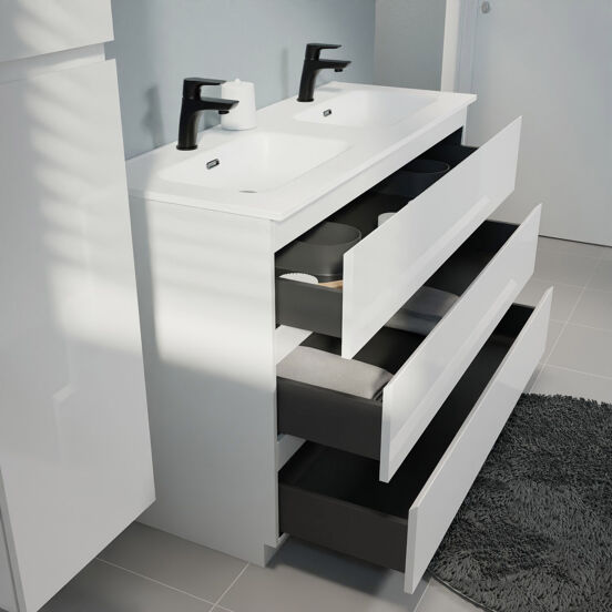 Linie Lado staand badkamermeubel 120 x 46 cm mat wit met Baro dubbele wastafel in porselein mat wit