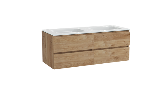 Balmani Lucida zwevend badkamermeubel 135 x 55 cm ruwe eik met Tablo Strada dubbele wastafel in composietmarmer glanzend wit