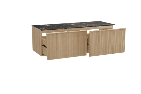 Balmani Forma zwevend badmeubel 150 x 55 cm naturel eiken met Stretto enkel of dubbel wastafelblad in marmer portoro gold, Verticale asymmetrische ronde ribbel
