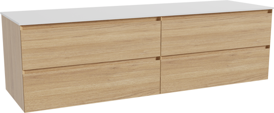 Balmani Mitra zwevend badkamermeubel 180 x 55 cm natuur eik met Stretto enkel of dubbel tablet in solid surface mat wit