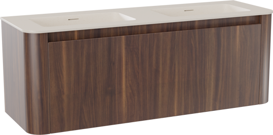 Storke Soft hängendes Möbelstück Set: 140 x 46 cm, Nussbaum, mit Mata Soft Doppelwaschtischplatte Solid Surface Beige Granit