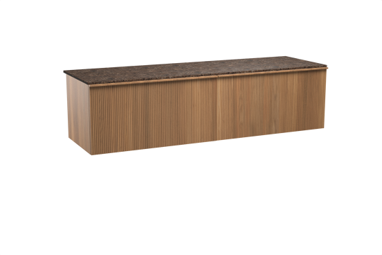 Balmani Forma hängendes Möbelstück Set: 180 x 55 cm, Teak, mit Stretto Einzel- oder Doppel Waschtischplatte, Marmor, Dark Emperador, Vertikale symmetrische gerade Rippe