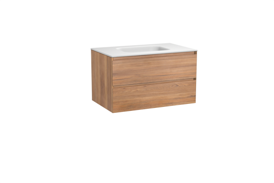 Balmani Mitra zwevend badkamermeubel 90 x 55 cm teak met Tablo Arcato enkele wastafel in solid surface mat wit