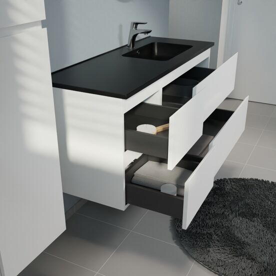 Linie Lado hängendes Möbelstück Set: 120 x 46 cm, Weiß matt, mit Vano Waschtisch rechts, Marmorkomposit Schwarz matt
