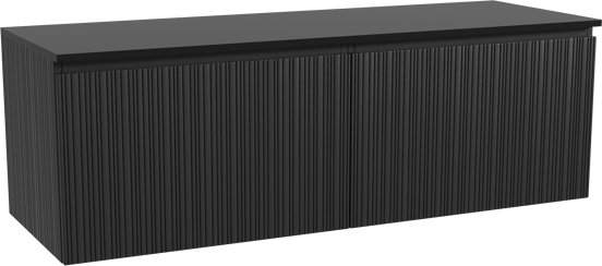 Storke Ribs zwevend badmeubel 150 x 52 cm zwart eiken met Panton enkel of dubbel wastafelblad in gepoedercoate mdf mat zwart, Verticale asymmetrische rechte ribbel