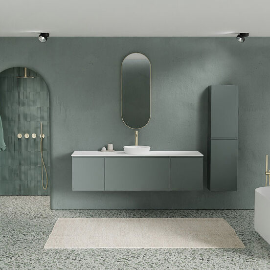 Balmani Sfera zwevend badmeubel 180 x 55 cm forest met Stretto enkel of dubbel wastafelblad in solid surface mat wit