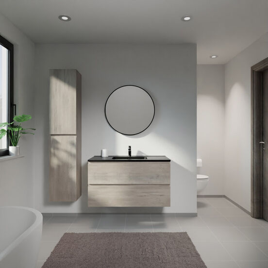 Linie Lado meuble salle de bains suspendu 100 x 46 cm chêne gris avec Vano plan simple en marbre composite noir mat