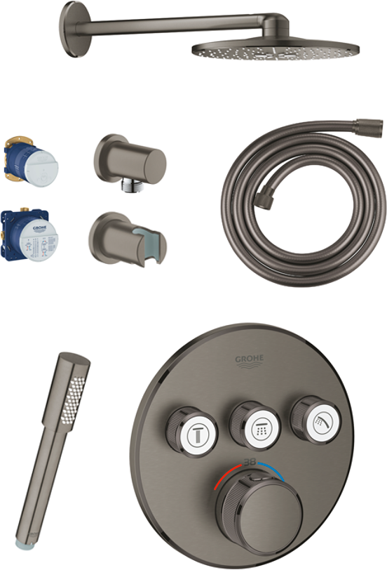 Grohe Grohtherm SmartControl Duschsystem: Unterputz, Runder Duschkopf, Wasserfallfunktion, 31 cm, Hard Graphite gebürstet