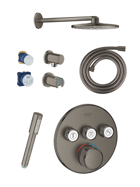 Grohe Grohtherm SmartControl Duschsystem: Unterputz, Runder Duschkopf, Wasserfallfunktion, 31 cm, Hard Graphite gebürstet