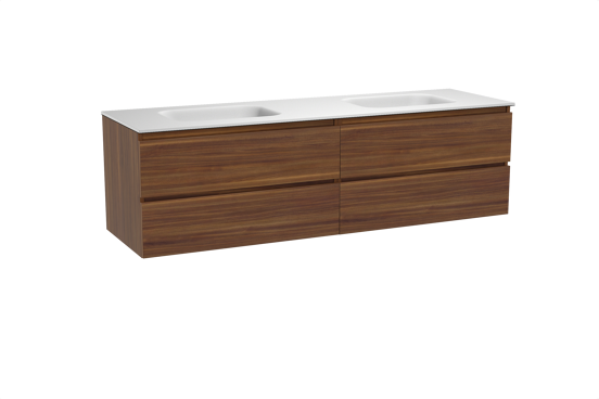 Balmani Lucida zwevend badkamermeubel 180 x 55 cm amerikaanse notelaar met Tablo Arcato dubbele wastafel in solid surface mat wit