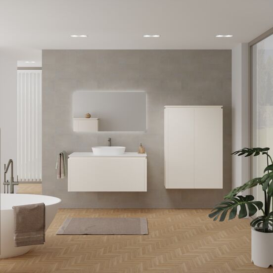 Balmani Eclips meuble salle de bains suspendu 120 x 55 cm Sandbeige avec Eclips tablette simple ou double en Solid Surface blanc mat