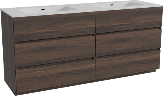 Storke Edge staand badkamermeubel 170 x 52 cm notelaar met Diva dubbele wastafel in composietmarmer glanzend wit