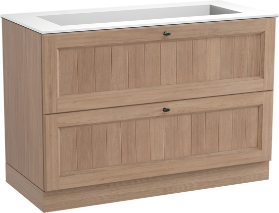 Balmani Lemon staand badkamermeubel 120 x 55 cm verweerde eik met Tablo Stretto enkele wastafel voor 2 kraangaten in solid surface mat wit