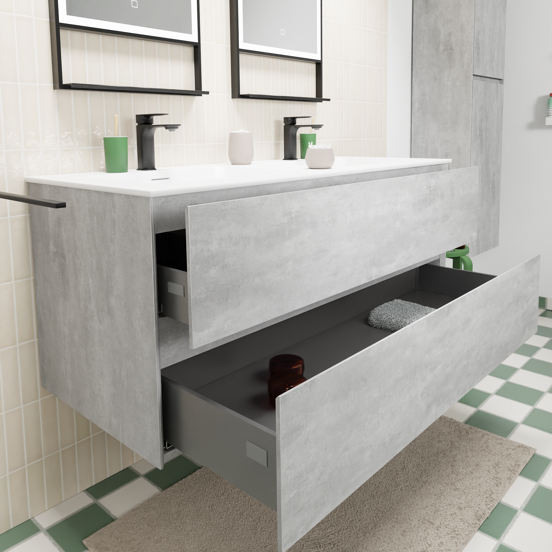 Storke Edge zwevend badmeubel 120 x 52 cm beton donkergrijs met Mata dubbele wastafel in solid surface mat wit