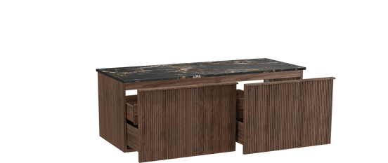 Balmani Forma meuble salle de bains suspendu 135 x 55 cm noyer américain avec Stretto tablette simple ou double en marbre portoro gold, Nervure droite symétrique verticale