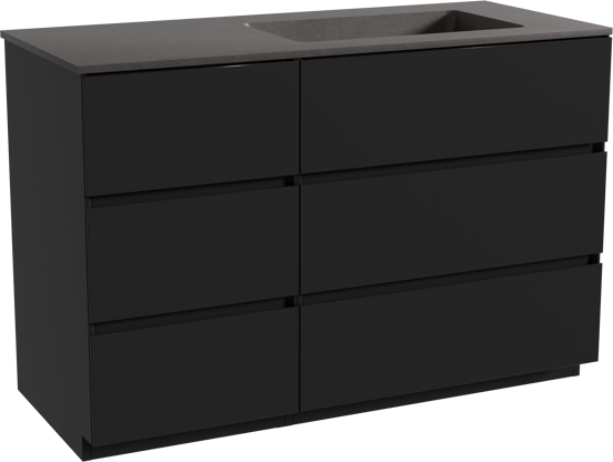 Storke Edge staand badmeubel 120 x 52 cm mat zwart met Scuro asymmetrisch rechtse wastafel in kwarts mat zwart
