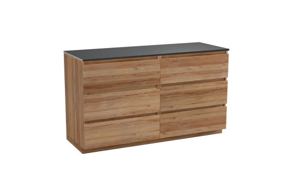 Balmani Lucida freistehendes Möbelstück Set: 150 x 55 cm, Teak, mit Stretto Einzel- oder Doppel Waschtischplatte, Schwarzes Granit