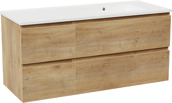 Linie Lado meuble salle de bains suspendu 120 x 46 cm chêne naturel avec Vano plan vasque asymétrique à droite en marbre composite blanc mat