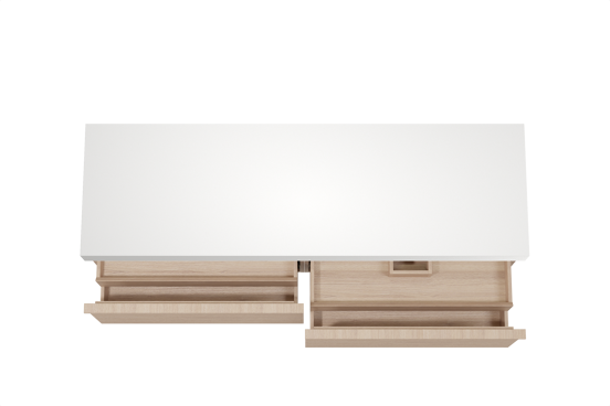 Balmani Forma hängendes Möbelstück Set: 180 x 55 cm, Naturbelassene Eiche, mit Dominus Einzel- oder Doppel Waschtischplatte, Solid Surface, Weiß matt, Horizontale symmetrische gerade Rippe