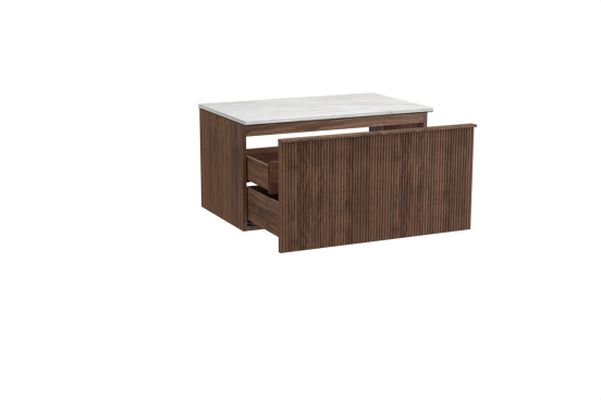 Balmani Forma hängendes Möbelstück Set: 90 x 55 cm, Amerikanischer Nussbaum, mit Stretto Einzel Waschtischplatte, Marmor, Carrara, Vertikale symmetrische gerade Rippe
