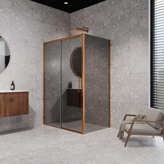 Balmani Senses Design douchehoek met linkse schuifdeur en vaste zijwand, 140 x 80 cm, Reflex spiegelglas, Brushed Rosegold profielen, met coating