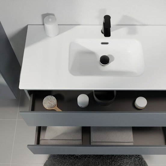 Linie Lado hängendes Möbelstück Set: 60 x 46 cm, Anthrazitblau, mit Baro Einzelwaschtisch, Porzellan Weiß matt