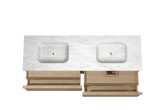 Balmani Forma zwevend badkamermeubel 180 x 55 cm natuur eik met Tablo Arcato dubbele wastafel in marmer carrara, Verticale symmetrische rechte ribbel