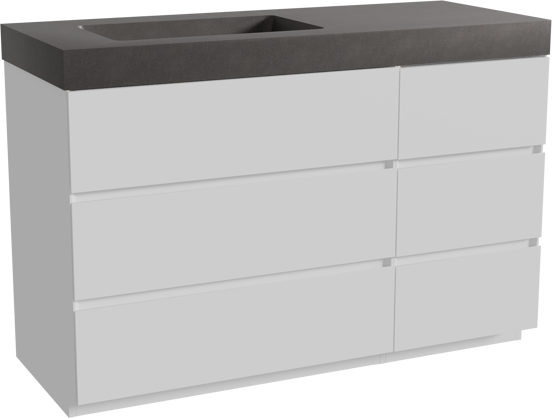 Storke Edge staand badmeubel 130 x 52 cm mat wit met Scuro High asymmetrisch linkse wastafel in kwarts mat zwart