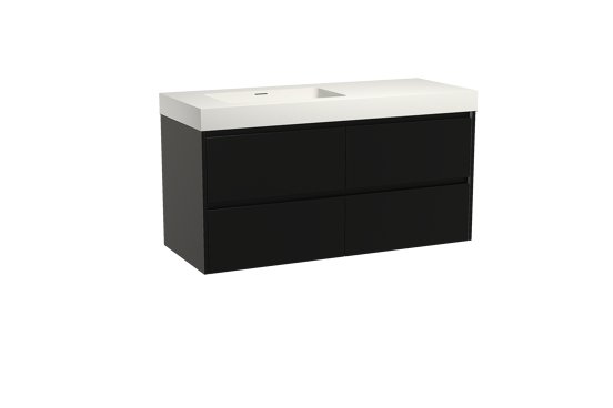 Storke Seda meuble salle de bains suspendu 130 x 52 cm noir mat avec Mata High vasque asymétrique gauche en solid surface blanc mat