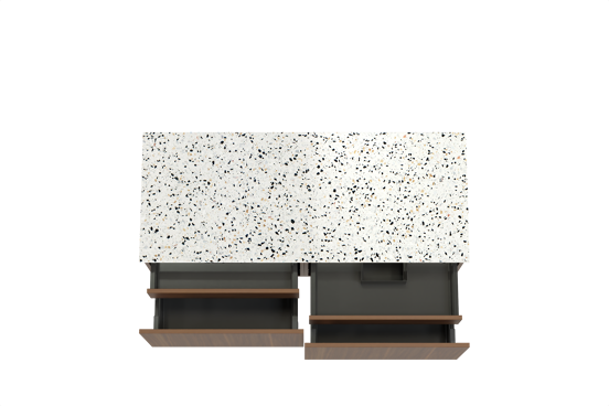 Balmani Sfera zwevend badmeubel 135 x 55 cm amerikaans notenhout met Stretto enkel of dubbel wastafelblad in mat wit/zwart terrazzo
