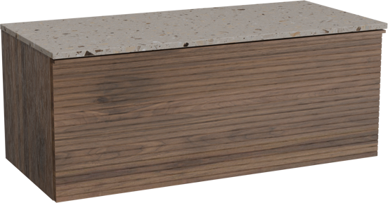 Balmani Forma zwevend badkamermeubel 120 x 55 cm amerikaanse notelaar met Stretto enkel of dubbel tablet in terrazzo greige terrazzo, Horizontale symmetrische rechte ribbel