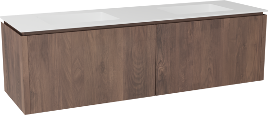Balmani Eclips zwevend badkamermeubel 180 x 55 cm Amerikaanse notelaar met Tablo Stretto dubbele wastafel in Solid Surface mat wit