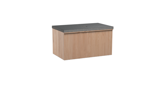 Balmani Forma hängendes Möbelstück Set: 90 x 55 cm, Naturbelassene Eiche, mit Rock Einzel Waschtischplatte, Granit, Schwarzes Granit, Vertikale symmetrische gerade Rippe