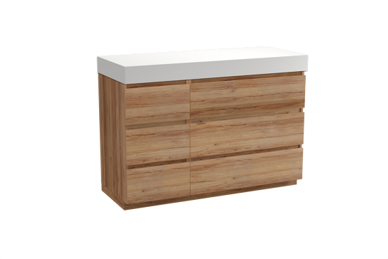 Balmani Lucida meuble salle de bains à poser 135 x 55 cm teck avec Dominus tablette simple ou double en solid surface blanc mat