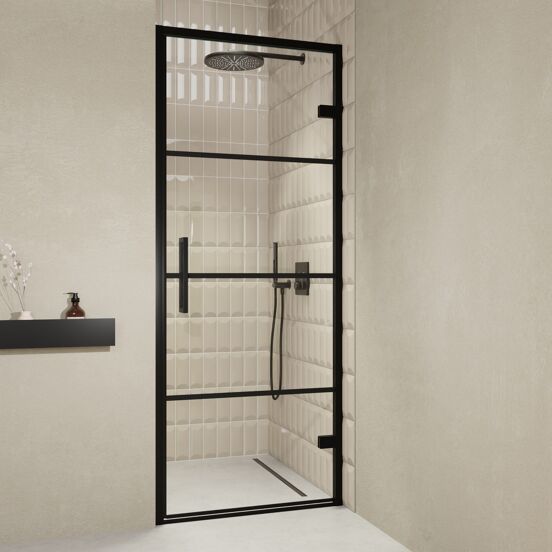 Balmani Senses Design douche draaideur rechts 90 cm x 210 cm Lined glas, Zwarte profielen, met coating