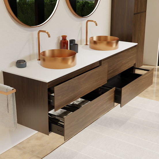 Balmani Mitra zwevend badkamermeubel 180 x 55 cm amerikaanse notelaar met Stretto enkel of dubbel tablet in solid surface mat wit