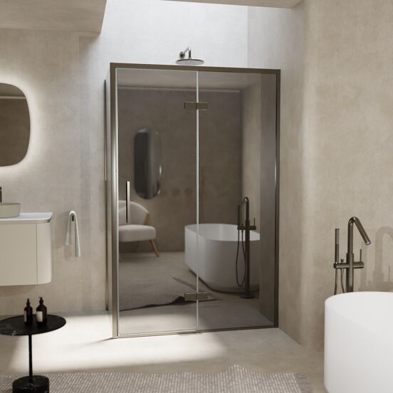 Balmani Senses Design douche en coin avec porte pivotante à droite et paroi latérale fixe, 120 x 80 cm, Miroir Reflex, Profil Brushed GunMetal, coating inclus