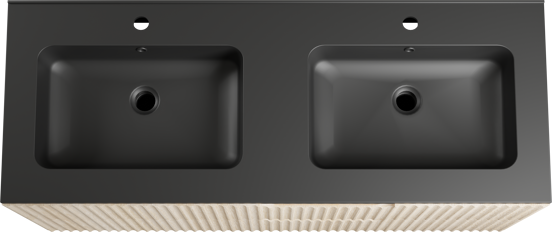 Linie Ribbo meuble salle de bains suspendu 120 x 46 cm chêne clair avec Vano double vasque en marbre composite noir mat, Nervure circulaire symétrique verticale
