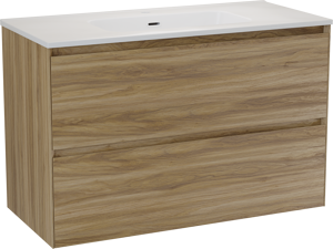 Balmani Mitra Compact zwevend badkamermeubel 100 x 46 cm wilde eik met Nostra enkele wastafel in porselein glanzend wit