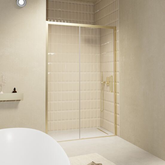 Balmani Senses Design douche schuifdeur omkeerbaar 160 cm x 210 cm Helder glas, Brushed Champagne Gold profielen, met coating