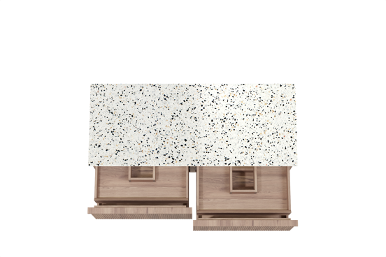Balmani Forma zwevend badkamermeubel 135 x 55 cm teak met Stretto enkel of dubbel tablet in mat wit/zwart terrazzo, Verticale symmetrische rechte ribbel