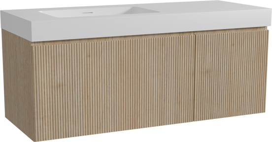 Storke Ribs hängendes Möbelstück Set: 130 x 52 cm, Rohe Eiche, mit Mata High Waschtisch links, Solid Surface, Weiß matt, Vertikale symmetrische gerade Rippe