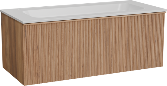 Balmani Forma zwevend badkamermeubel 120 x 55 cm teak met Tablo Strada enkele wastafel in composietmarmer mat wit, Verticale symmetrische rechte ribbel