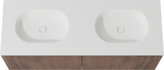 Balmani Eclips zwevend badkamermeubel 150 x 55 cm Amerikaanse notelaar met Tablo Oval dubbele wastafel in Solid Surface mat wit