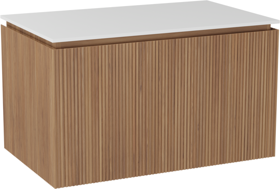 Balmani Eclips meuble salle de bains suspendu 90 x 55 cm Teck avec Stretto tablette simple en Solid Surface blanc mat, Nervure droite symétrique verticale