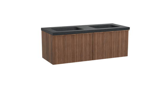 Balmani Forma zwevend badkamermeubel 135 x 55 cm amerikaanse notelaar met Napoli dubbele wastafel in graniet zwart, Verticale asymmetrische ronde ribbel